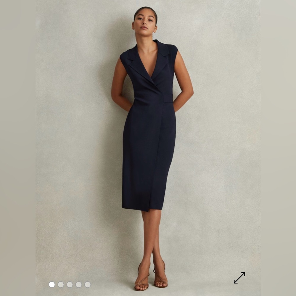 REISS Elle Knitted Wrap-Front Midi‎ Sleeveless Dress in Navy Blue Size Medium